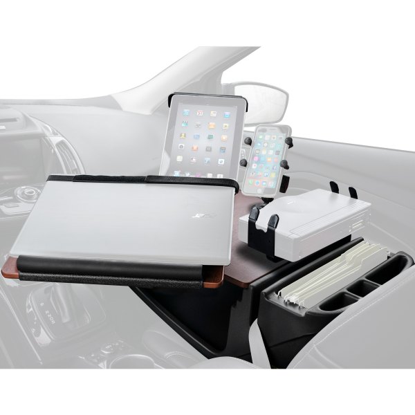 AutoExec® - Reach Front Seat Mahogany Desk with Built-in Power Inverter, Printer Stand, X-Grip Smartphone Mount and iPad/Tablet Mount