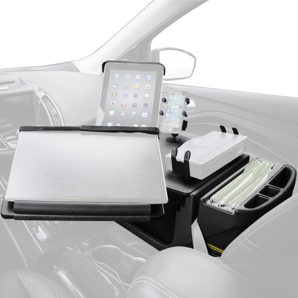 AutoExec® - Reach Front Seat Black Desk with Printer Stand, X-Grip Smartphone Mount and iPad/Tablet Mount