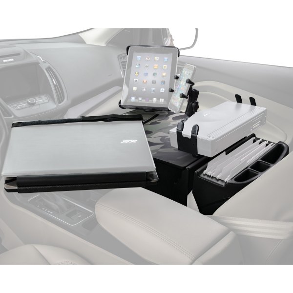 AutoExec® - Reach Front Seat Green Camouflage Desk with Printer Stand, X-Grip Smartphone Mount and iPad/Tablet Mount