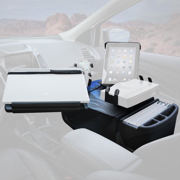 AutoExec® - Reach Front Seat Blue Steel Flames Desk with Printer Stand, X-Grip Smartphone Mount and iPad/Tablet Mount