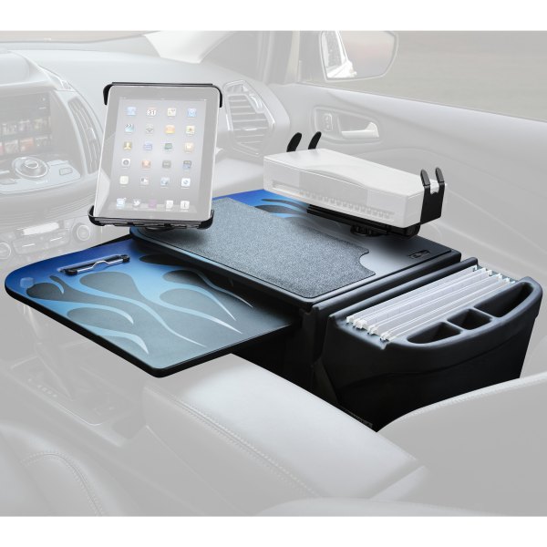 AutoExec® - GripMaster Blue Steel Flames Desk with Printer Stand and iPad/Tablet Mount