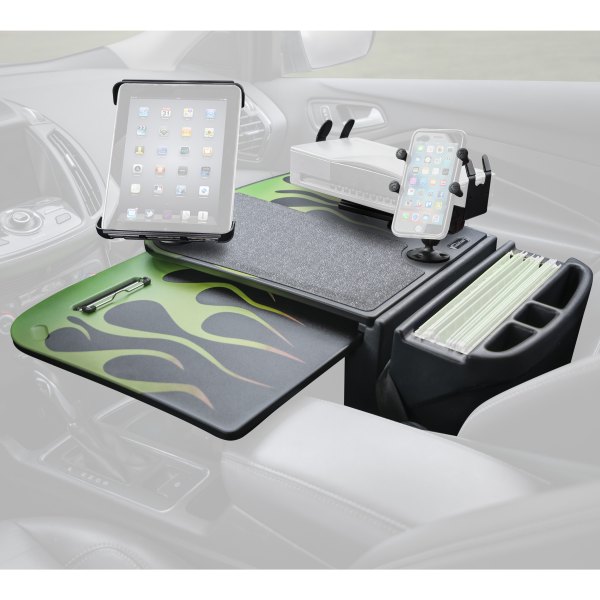 AutoExec® - GripMaster Candy Apple Green Flames Desk with X-Grip Smartphone Mount, Printer Stand and iPad/Tablet Mount
