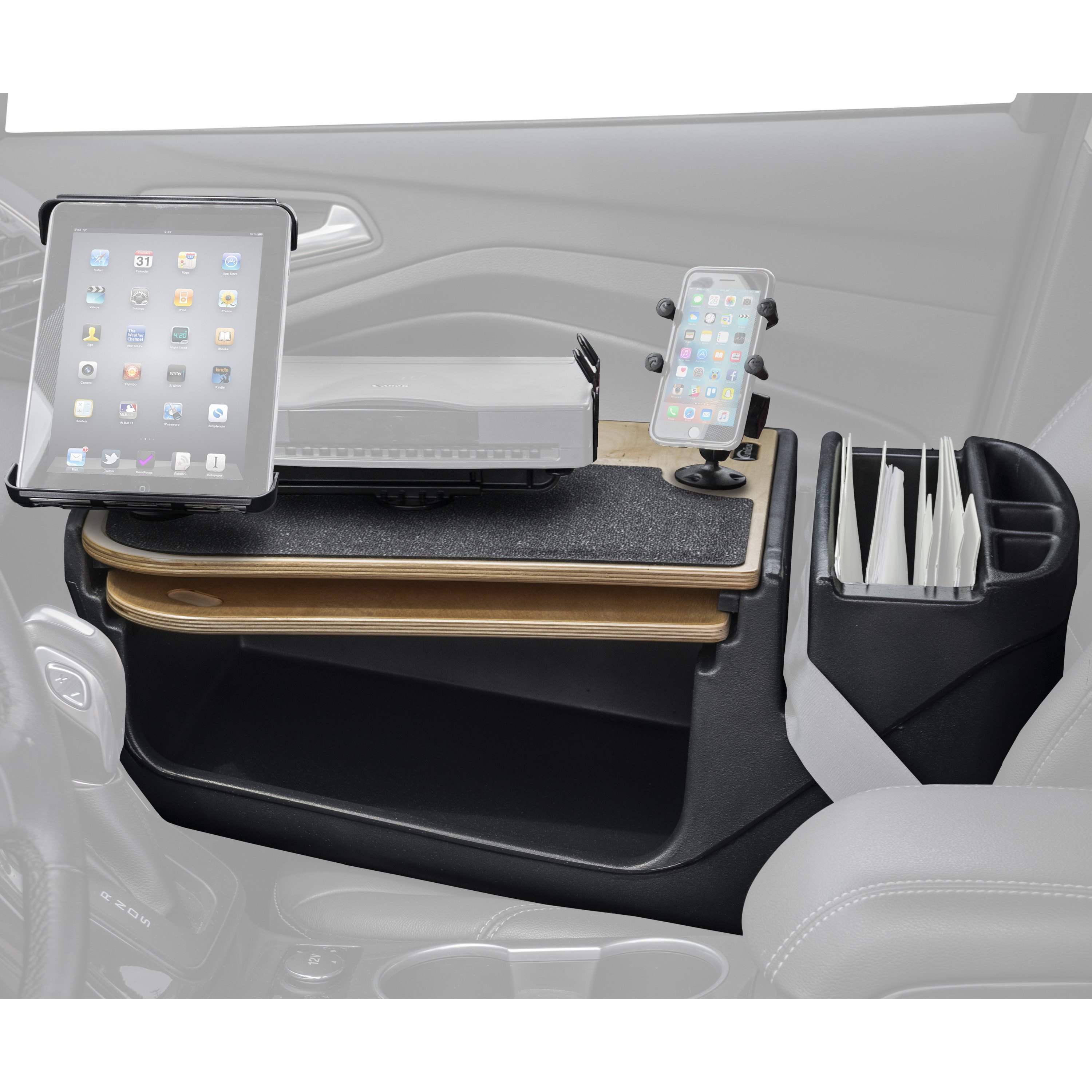 AutoExec GripMaster Car Desk with X-Grip Phone Mount and Printer Stand - Elite