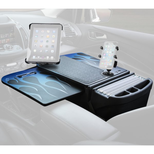 AutoExec® - GripMaster Blue Steel Flames Desk with X-Grip Smartphone Mount and iPad/Tablet Mount