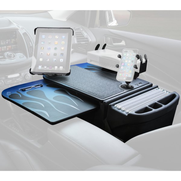 AutoExec® - GripMaster Blue Steel Flames Desk with X-Grip Smartphone Mount, Printer Stand and iPad/Tablet Mount