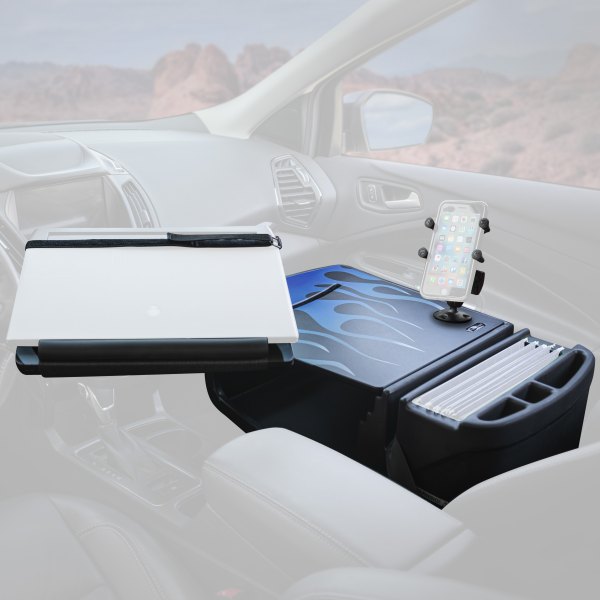 AutoExec® - Reach Front Seat Blue Steel Flames Desk with X-Grip Smartphone Mount