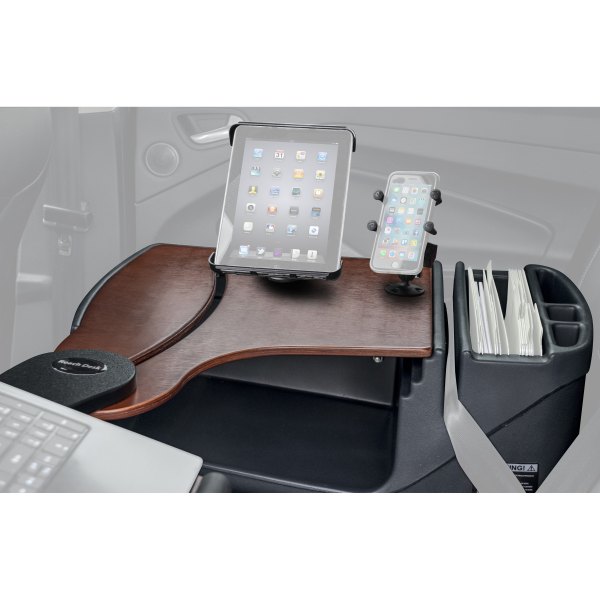 AutoExec® - Reach Rear Seat Mahogany Desk with Built-in Power Inverter, X-Grip Smartphone Mount and iPad/Tablet Mount