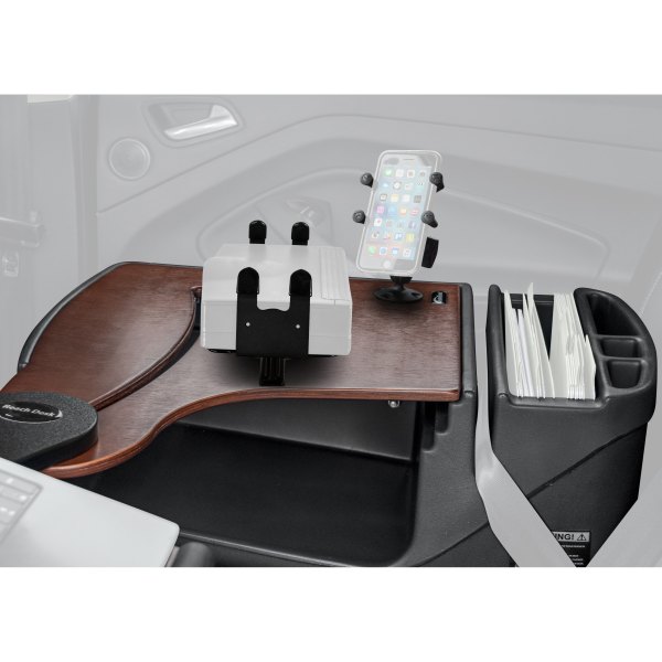 AutoExec® - Reach Rear Seat Mahogany Desk with Built-In Power Inverter, X-Grip Smartphone Mount and Printer Stand