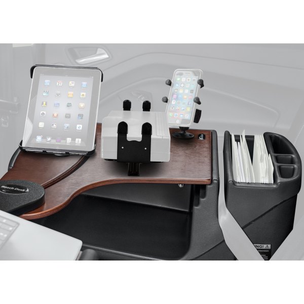 AutoExec® - Reach Rear Seat Mahogany Desk with Built-In Power Inverter, X-Grip Smartphone Mount, iPad/Tablet Mount and Printer Stand