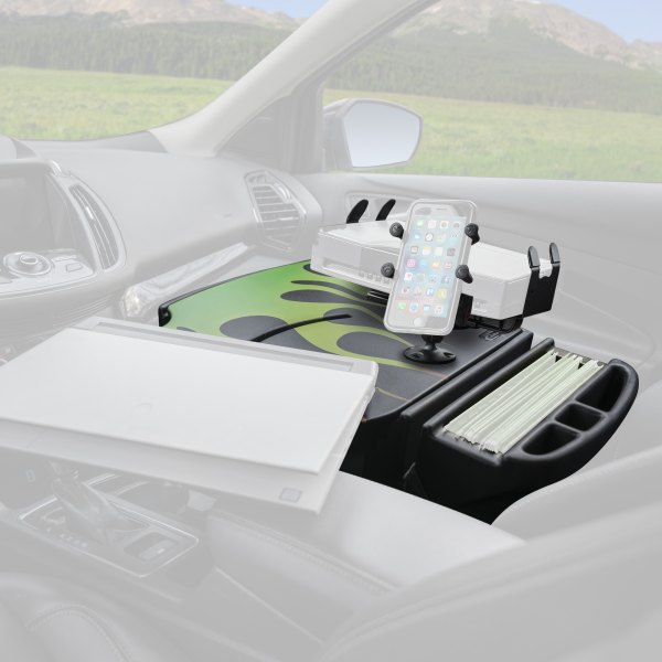 AutoExec® - RoadMaster Candy Apple Green Flames Car Desk with X-Grip Smartphone Mount and Printer Stand