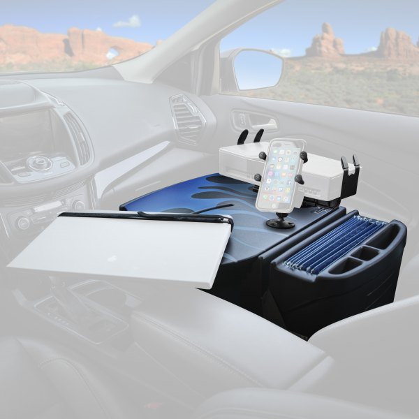AutoExec® - RoadMaster Blue Steel Flames Car Desk with X-Grip Smartphone Mount and Printer Stand