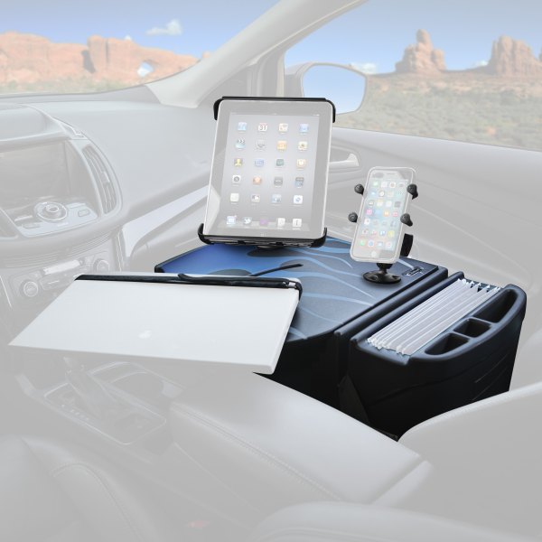 AutoExec® - RoadMaster Blue Steel Flames Car Desk with X-Grip Smartphone Mount and iPad/Tablet Mount