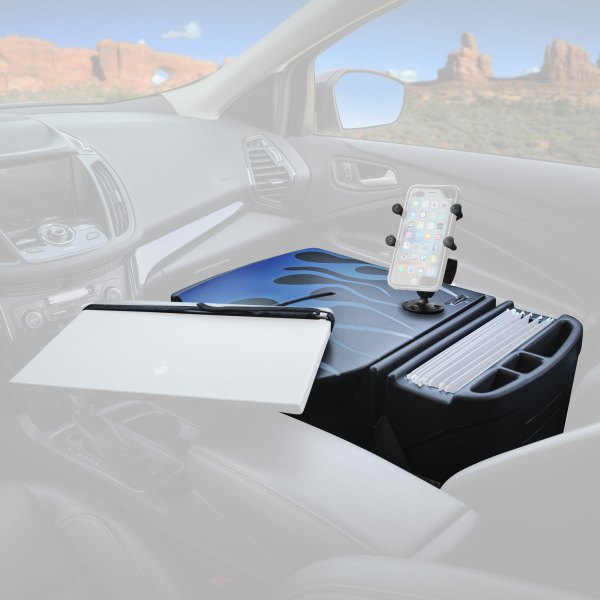 AutoExec® - RoadMaster Blue Steel Flames Car Desk with X-Grip Smartphone Mount