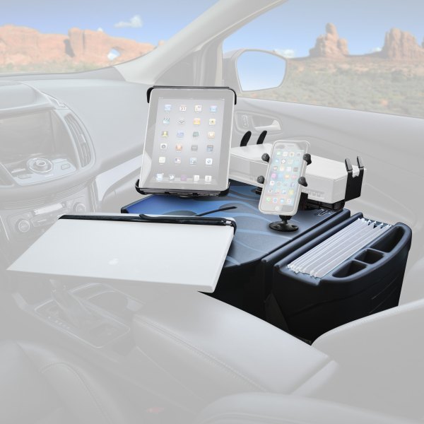 AutoExec® - RoadMaster Blue Steel Flames Car Desk with X-Grip Smartphone Mount, iPad/Tablet Mount and Printer Stand