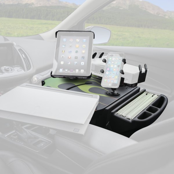 AutoExec® - RoadMaster Candy Apple Green Flames Car Desk with X-Grip Smartphone Mount, iPad/Tablet Mount and Printer Stand