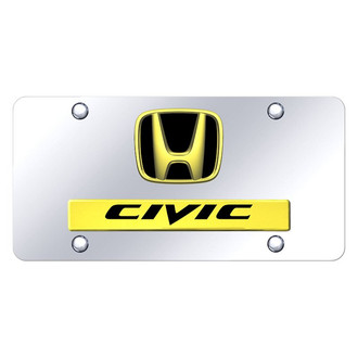 Autogold® - Chrome License Plate with 3D Gold / Black Civic Logo and Honda Emblem