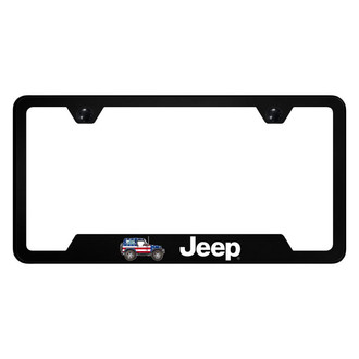 Autogold® - UV Printed Black License Plate Frame with Jeep Flag and Cut-Out