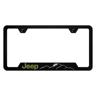 Autogold® - UV Printed Black License Plate Frame with Notched Green Jeep Logo and Green Mountain