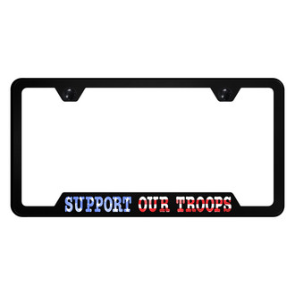 Autogold® - UV Printed Black License Plate Frame with Notched Support Our Troops Logo