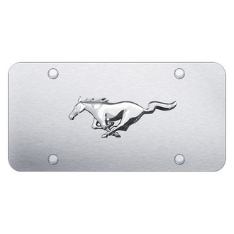 Autogold® - Brushed License Plate with 3D Chrome Mustang Horse Emblem