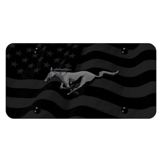 Autogold® - Subdued Wave Flag License Plate with 3D Black Pearl Mustang Logo