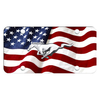 Autogold® - Wave Flag License Plate with 3D Chrome Mustang Logo