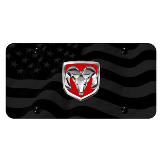 Autogold® - Subdued Wave Flag License Plate with 3D Red Ram OEM Emblem