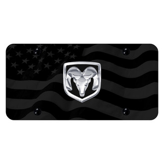 Autogold® - Subdued Wave Flag License Plate with 3D Chrome Ram OEM Emblem