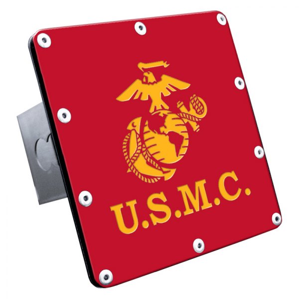Autogold® - Red Laser Etched Hitch Cover with Yellow US Marine Corps Logo for 2" Receivers