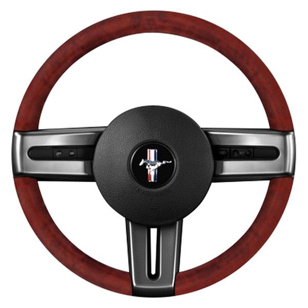  B&I® - Premium Full Woodgrain Design Silver Spokes Steering Wheel (Black Leather AND Solid Red Grip)