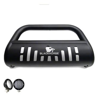 Black Horse® - 3" Black LED Bull Bar with Black Skid Plate and with 5.3" Black Round Flood LED Lights