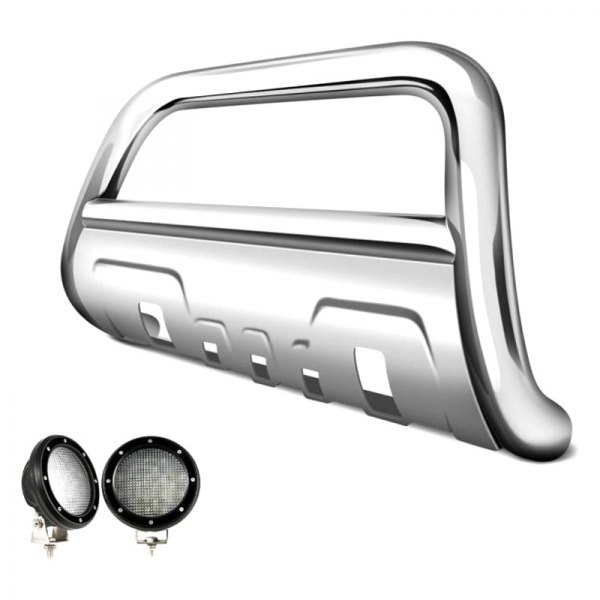 Black Horse® - 3.5" Savannah Polished Oval Bull Bar with Polished Skid Plate and with 5.3" Black Round Flood LED Lights