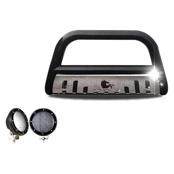 Black Horse® - 3" Black LED Bull Bar with Polished Skid Plate and with 5.3" Black Round Flood LED Lights