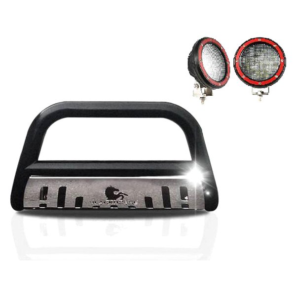 Black Horse® - 3" Black LED Bull Bar with Polished Skid Plate and with 5.3" Red Round Flood LED Lights