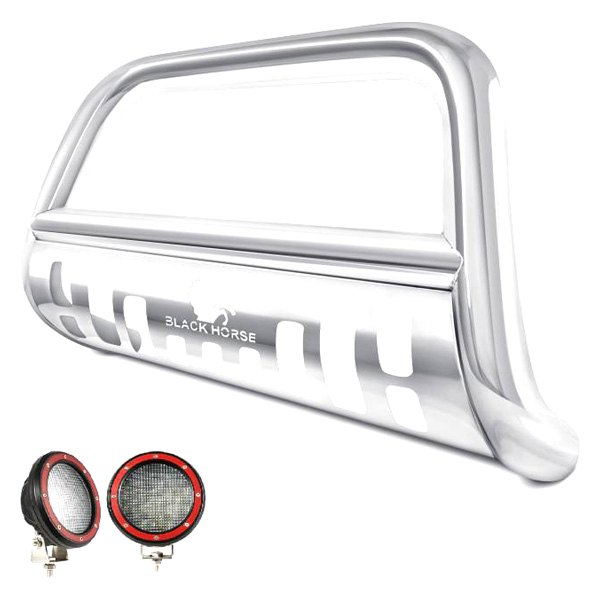 Black Horse® - 3" Polished LED Bull Bar with Polished Skid Plate and with 5.3" Red Round Flood LED Lights