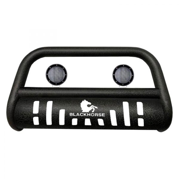 Black Horse® - 3" Black LED Bull Bar with Black Skid Plate and with 5.3" Black Round Flood LED Lights
