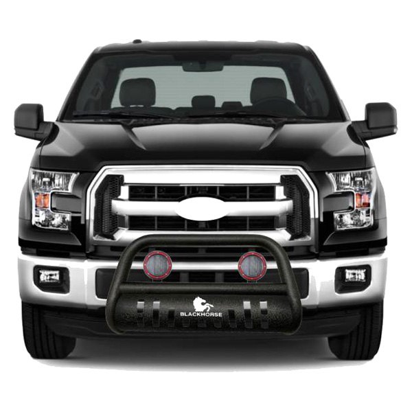 Black Horse® - 3" Black LED Bull Bar with Black Skid Plate and with 5.3" Red Round Flood LED Lights