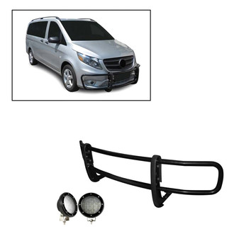 Black Horse® - Spartan Series Modular Design Black Grille Guard with 5.3" Round Flood Black LED Lights