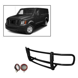 Black Horse® - Spartan Series Modular Design Black Grille Guard with 5.3" Round Flood Red LED Lights
