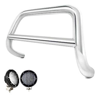 Black Horse® - 3" Polished LED Bull Bar w/o Skid Plate and with 5.3" Black Round Flood LED Lights