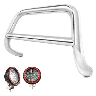 Black Horse® - 3" Polished LED Bull Bar w/o Skid Plate and with 5.3" Red Round Flood LED Lights
