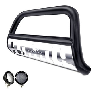 Black Horse® - 2.5" Black LED Bull Bar with Polished Skid Plate and with 5.3" Black Round Flood LED Lights