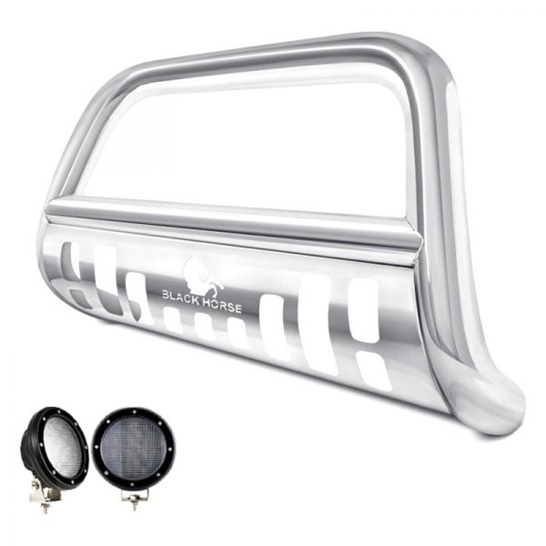 Black Horse® - 2.5" Polished LED Bull Bar with Polished Skid Plate and with 5.3" Black Round Flood LED Lights