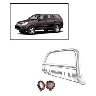 Black Horse® - 2.5" Polished LED Bull Bar with Polished Skid Plate and with 5.3" Red Round Flood LED Lights