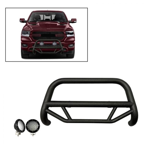 Black Horse® - 2.5" MAX Series Textured Black LED Bull Bar without Skid Plate and with 5.3" Black Round Flood LED Lights