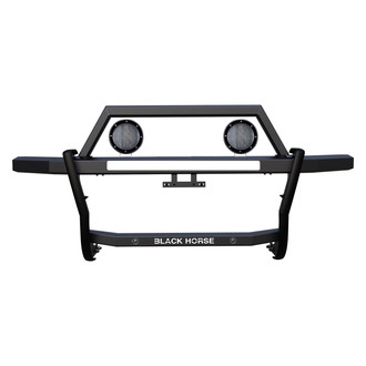 Black Horse® - Rambler Black LED Grille Guard with (2)5.3" Dia. LED Flood Lights with Black Trim Rings Wiring Harness and Switch