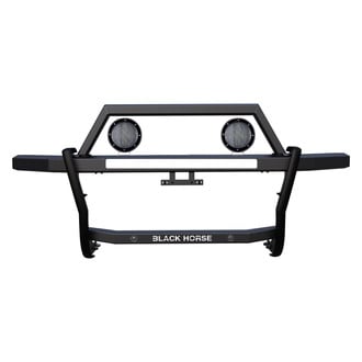 Black Horse® - Rambler Black LED Grille Guard with (2)5.3" Dia. LED Flood Lights with Black Trim Rings Wiring Harness and Switch