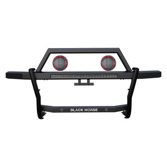 Black Horse® - Rambler Black LED Grille Guard with 30" LED Bar Single Row & (2)5.3" Dia. LED Flood Lights with Red Trim Rings Wiring Harness and Switch