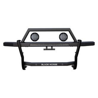 Black Horse® - Rambler Black LED Grille Guard with 30" LED Bar Single Row & (2)5.3" Dia. LED Flood Lights with Black Trim Rings Wiring Harness and Switch