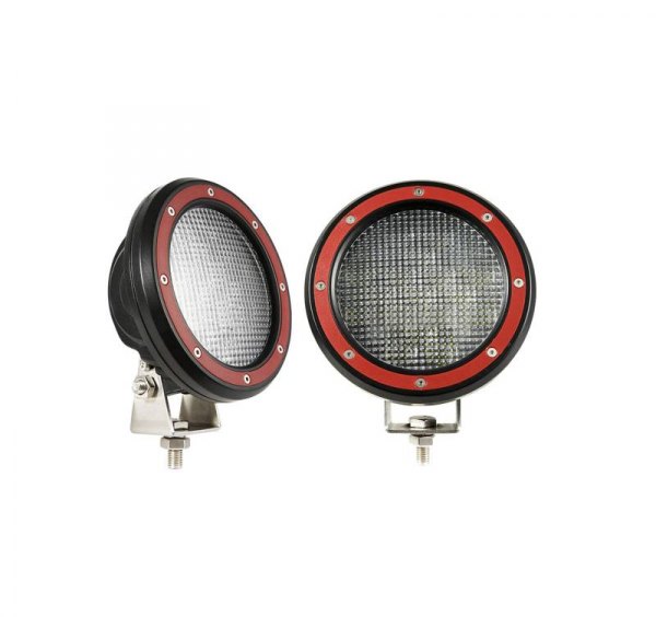 Black Horse® - Rugged Series Modular Design Black LED Grille Guard with 5.3" Round Flood Red LED Light with Harness and Switch